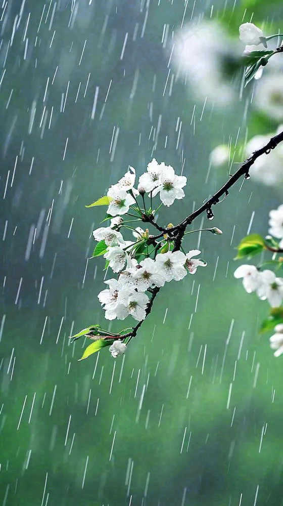 春天白色花朵枝叶在雨中，新鲜绿叶鲜花，雨水谷雨摄影图(816x1456)