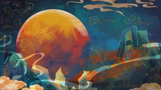 国潮中国风复古敦煌岩彩山水祥云插画烫金肌理背景PSD设计素材