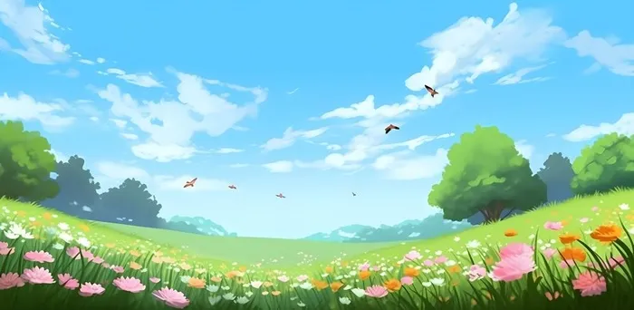春天蓝天白云草原绿色树草地手绘插画海报素材背景(6272x3072)