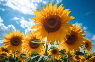 晴天的向日葵田的照片明亮的颜色，黄色向日葵摄影图