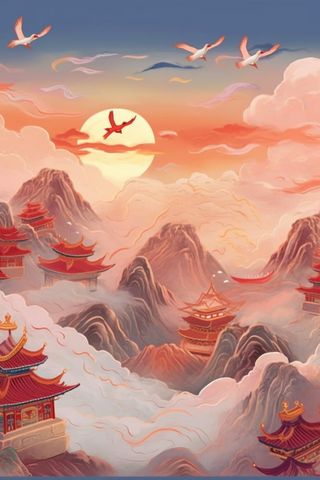 国潮仙鹤国风山脉背景