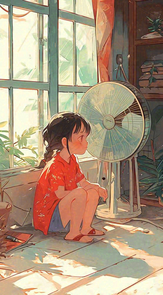 夏天夏季居家儿童吹清凉风扇，夏至小暑大暑手绘插画(816x1472)