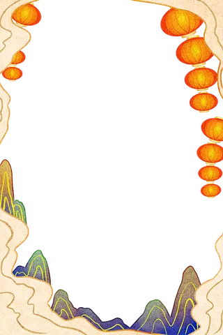 国潮手绘古风海浪花朵祥云装饰边框相框免抠