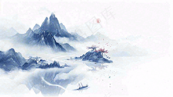 山水画简约白色河面插画手绘，中国风古风(1456x816)
