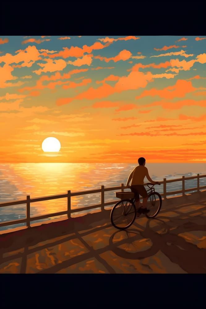 夕阳下骑自行车海边背景