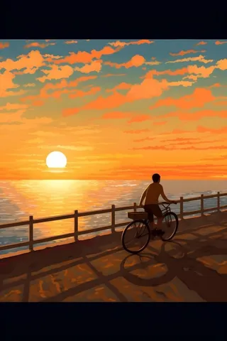 夕阳下骑自行车海边背景