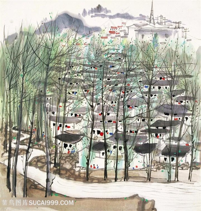 吴冠中手绘树木房子乡村美景装饰画