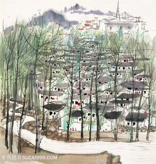 吴冠中手绘树木房子乡村美景装饰画