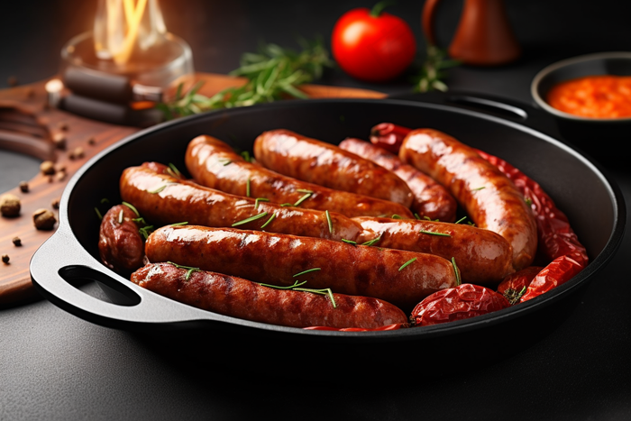 a pan filled with sausages sitting on top of a table, a screenshot by Karl Völker, shutterstock, renaissance, sausages, chorizo sausage, sausage 
