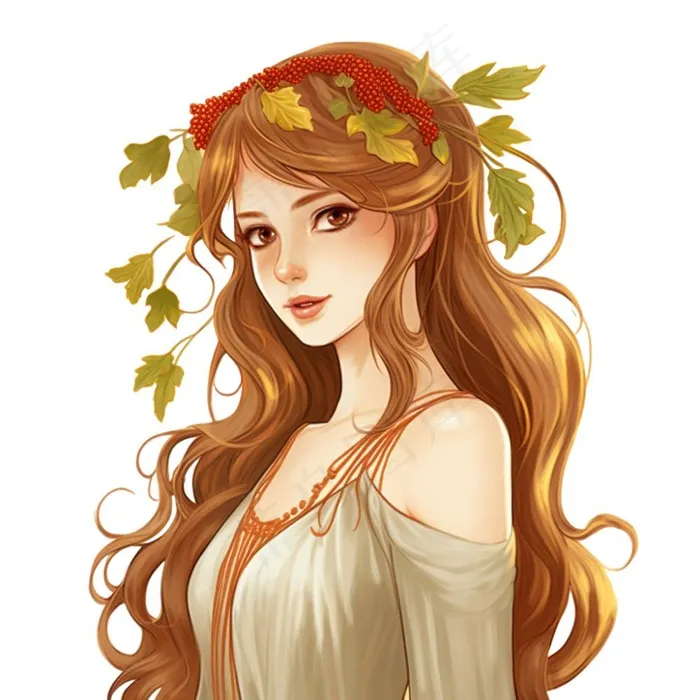 戴花环的黄裙少女插画免抠(1024x1024)