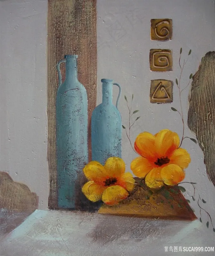 唯美黄色花朵花瓶插画