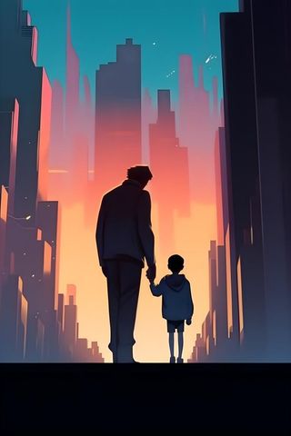 父亲和孩子亲情城市剪影背景