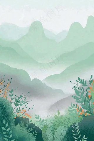 青绿山脉树木小草扁平插画手绘