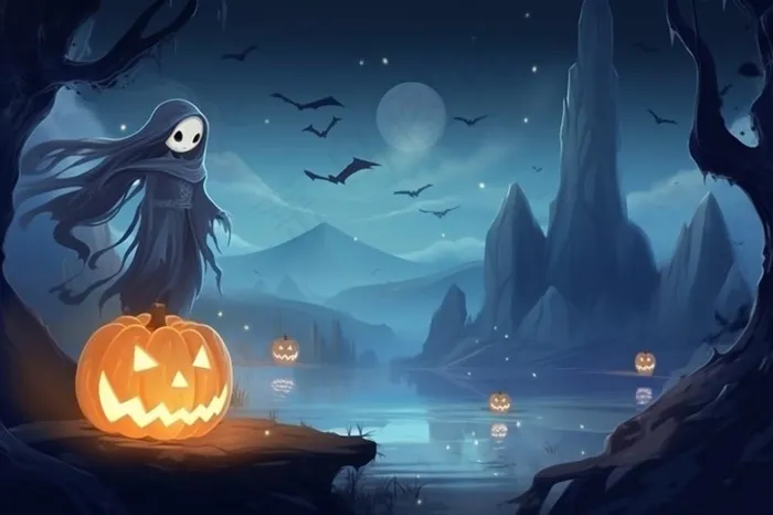 万圣节夜晚坟墓恐怖月色树林插画蓝黑色背景(1344x896)