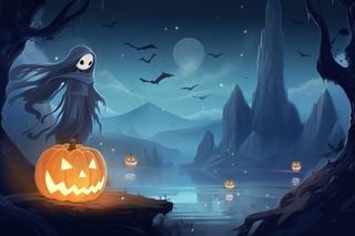 万圣节夜晚坟墓恐怖月色树林插画蓝黑色背景