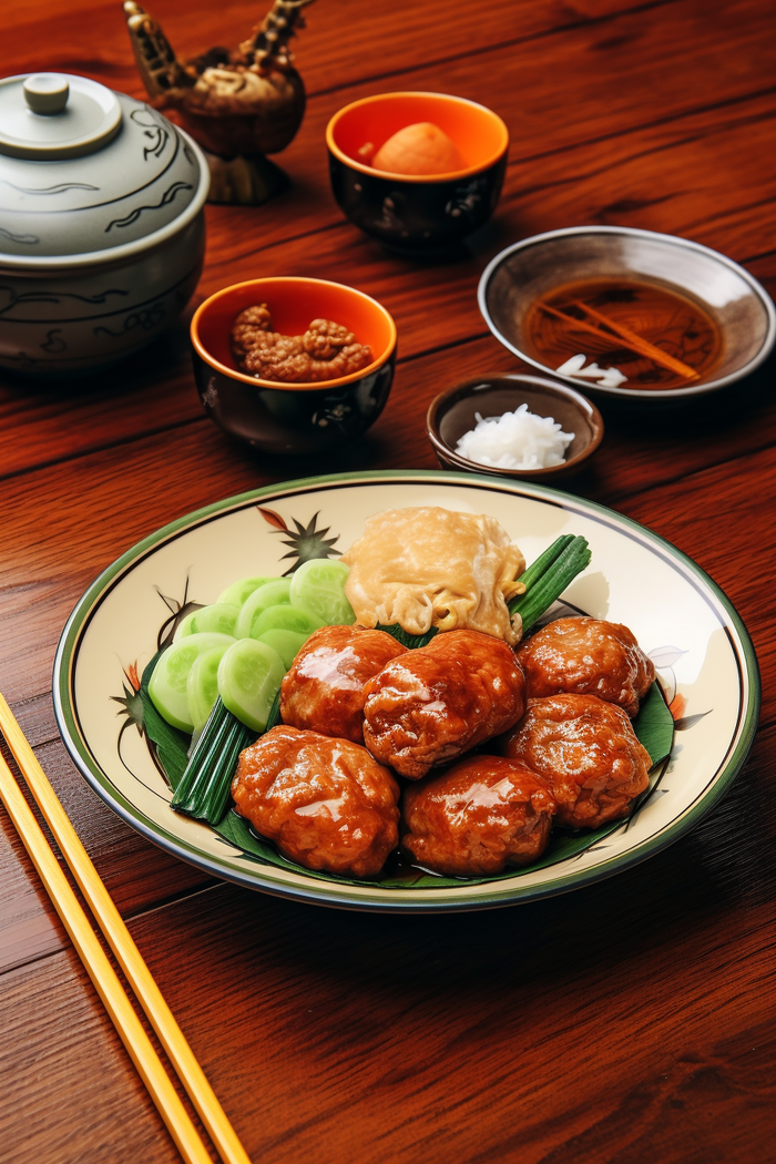 美食红烧肉丸配料碗筷摄影图(2688x4032)