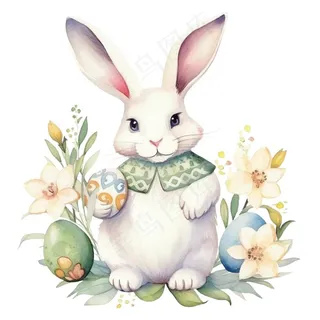 白兔花丛卡通水彩插画免抠