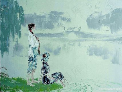 湖边妇女水墨风景画