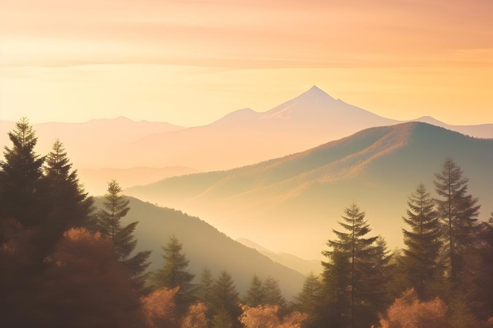 落日秋天树叶黄色山脉意境背景