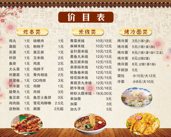 饭店面食类米线价目表米粉价格表(4134x3307)psd模版下载
