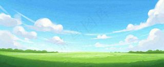 卡通手绘绿色草坡蓝天白云，春天，儿童节，春游，春分