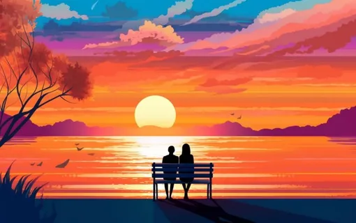 夕阳晚霞日楼情侣剪影橘红背景 夕阳晚霞日楼情侣剪影橘红背景