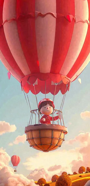 热气球可爱儿童天空插画，儿童节游玩