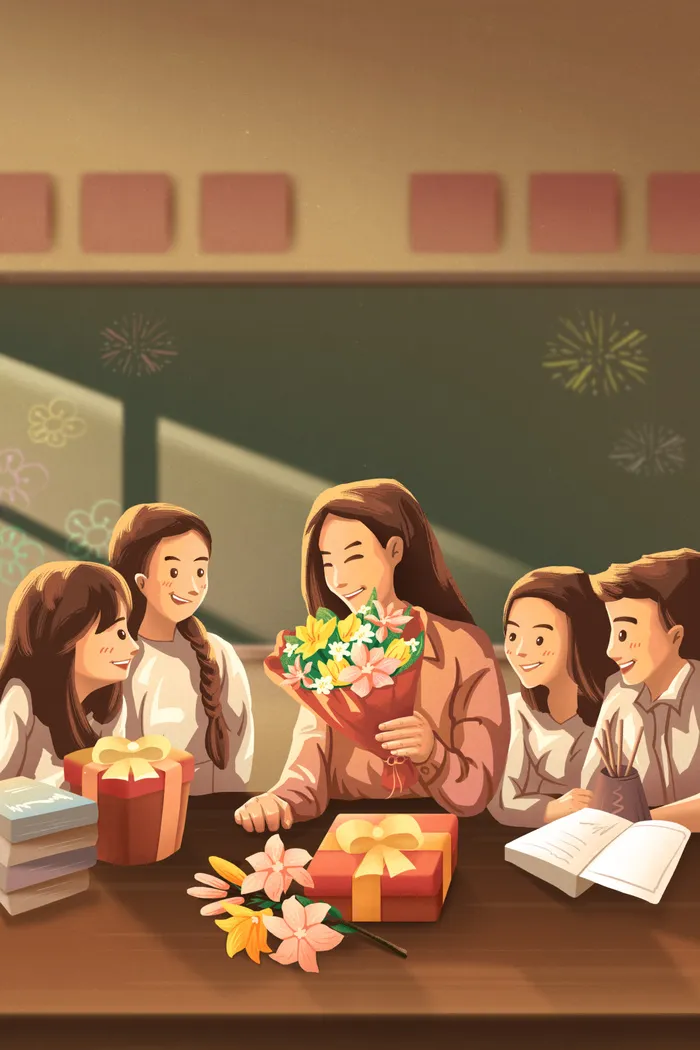 师生开心教师节人物插画背景1psd模版下载