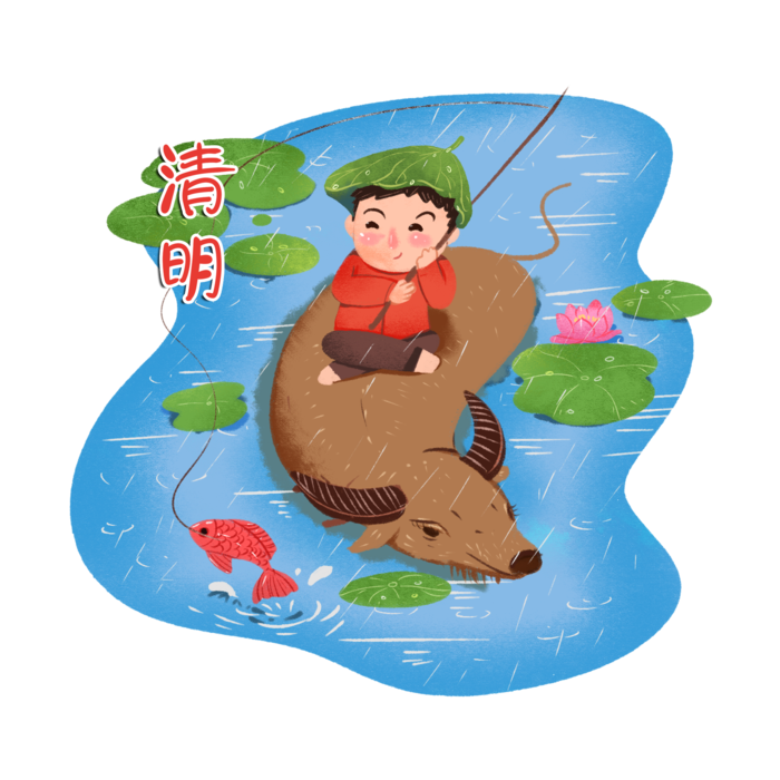 清明清明节卡通牧童骑着牛过河