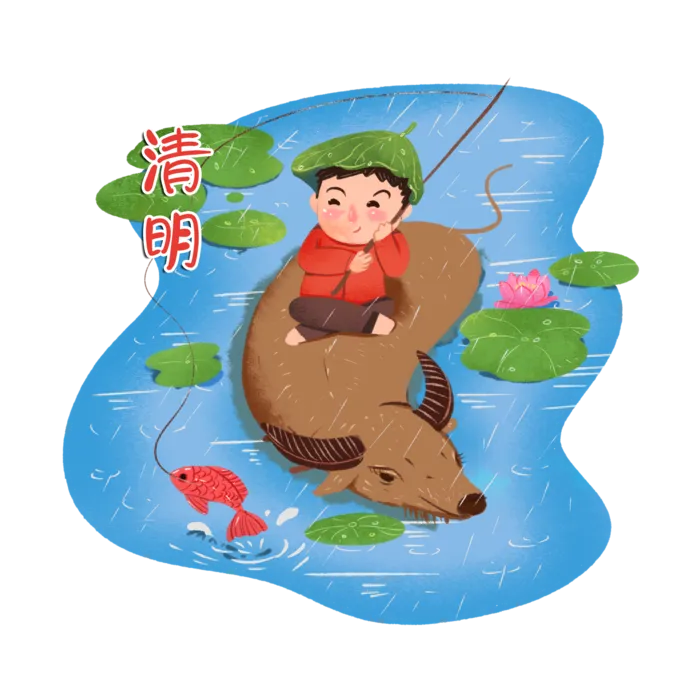 清明清明节卡通牧童骑着牛过河