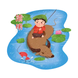 清明清明节卡通牧童骑着牛过河