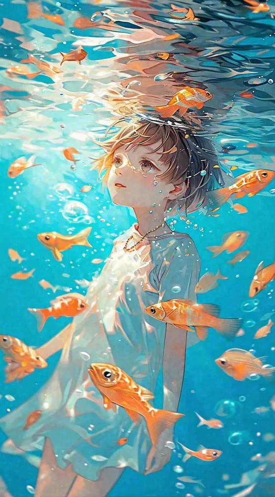 夏天泳池游泳少年儿童手绘插画，夏至小暑(816x1472)