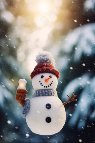 冬天阳光雪人白雪飘飘摄影图