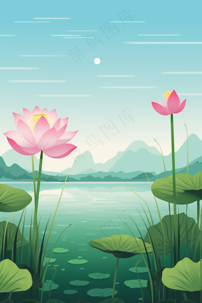 荷花莲花荷叶盛开卡通插画(2688x4032)