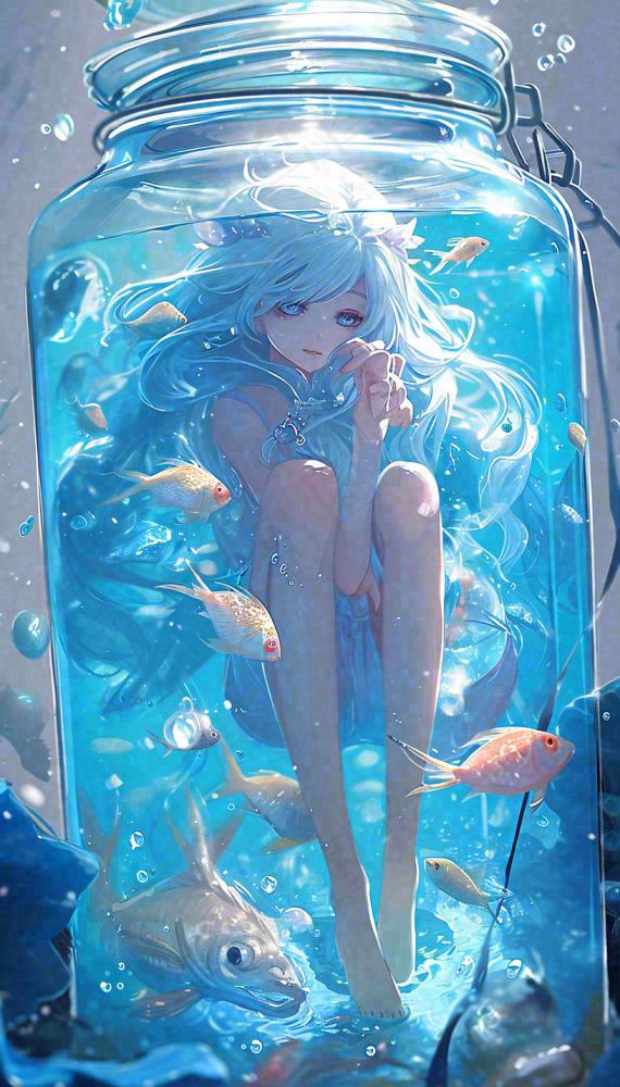 漫画少女海底瓶罐金鱼水面鱼类游泳插画手绘(816x1430)