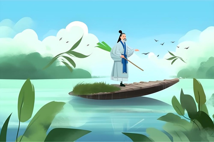 湖上划船绿色植物湖水水墨画背景