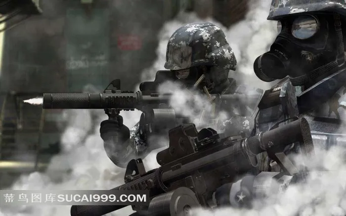 用带消音器的步枪射击的士兵