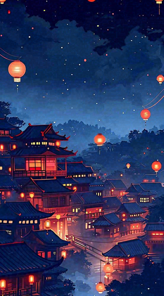 夜晚夜景月亮国风建筑灯笼星空浪漫，恐怖悬疑
