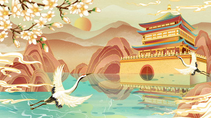 中国风国潮烫金仙鹤山水古建筑风景装饰插画背景PSD分层设计素材psd模版下载