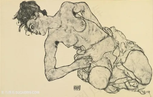 席勒手绘半裸女性装饰画