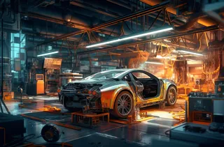 一辆在工厂里修理的汽车的照片摄影图