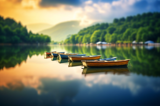 清澈的湖泊上停着整齐的几艘船摄影图