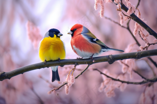 站在枝头上的小鸟成双成对粉色摄影图