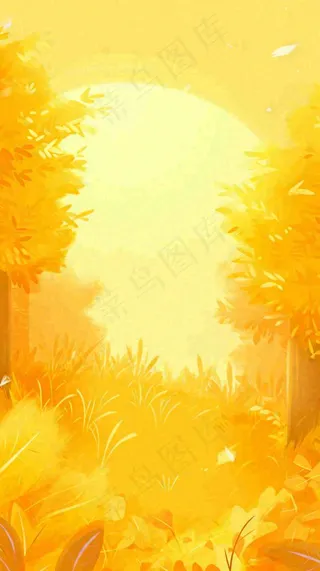 黄色树枝秋天秋叶落日阳光手绘插画，秋分