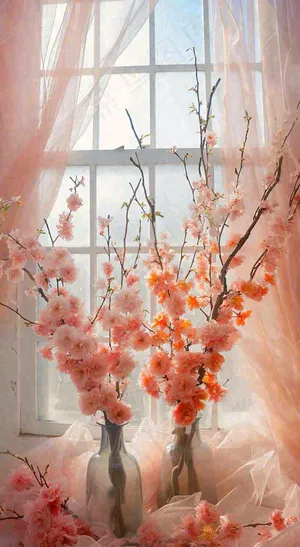 春天窗台花瓶粉色鲜花花束，春分