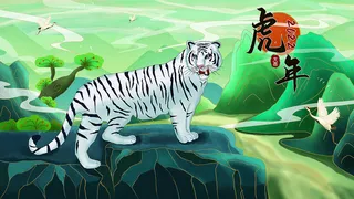 虎年新年海报展板psd模板红色喜庆插画