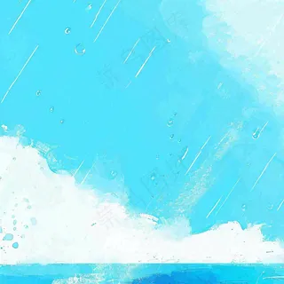 夏天海边蓝天白云水彩画