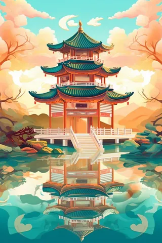 国潮夏天锦鲤唯美风景插画