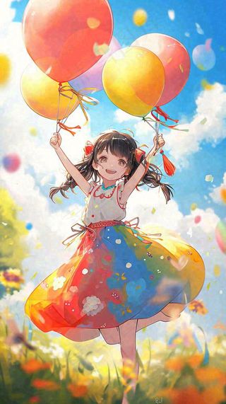 一个可爱的小女孩手里牵着彩色气球在草地上奔跑夏天，儿童节