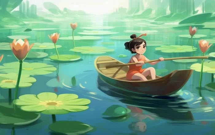 湖泊划船睡莲风光插画背景(1376x864)